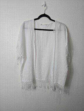White Linen Crochet Fringe Kimono